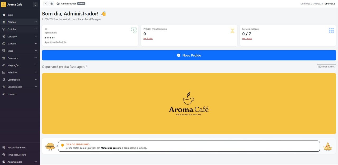 Painel inicial do tá pronto com vendas do dia, pedidos em andamento e mesas ocupadas